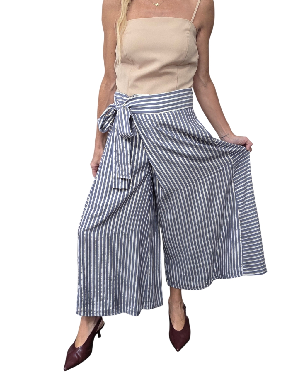Eva Franco Striped Wide Leg Crop Pants Gold Lurex Tie Waist 6 - Picture 3 of 12